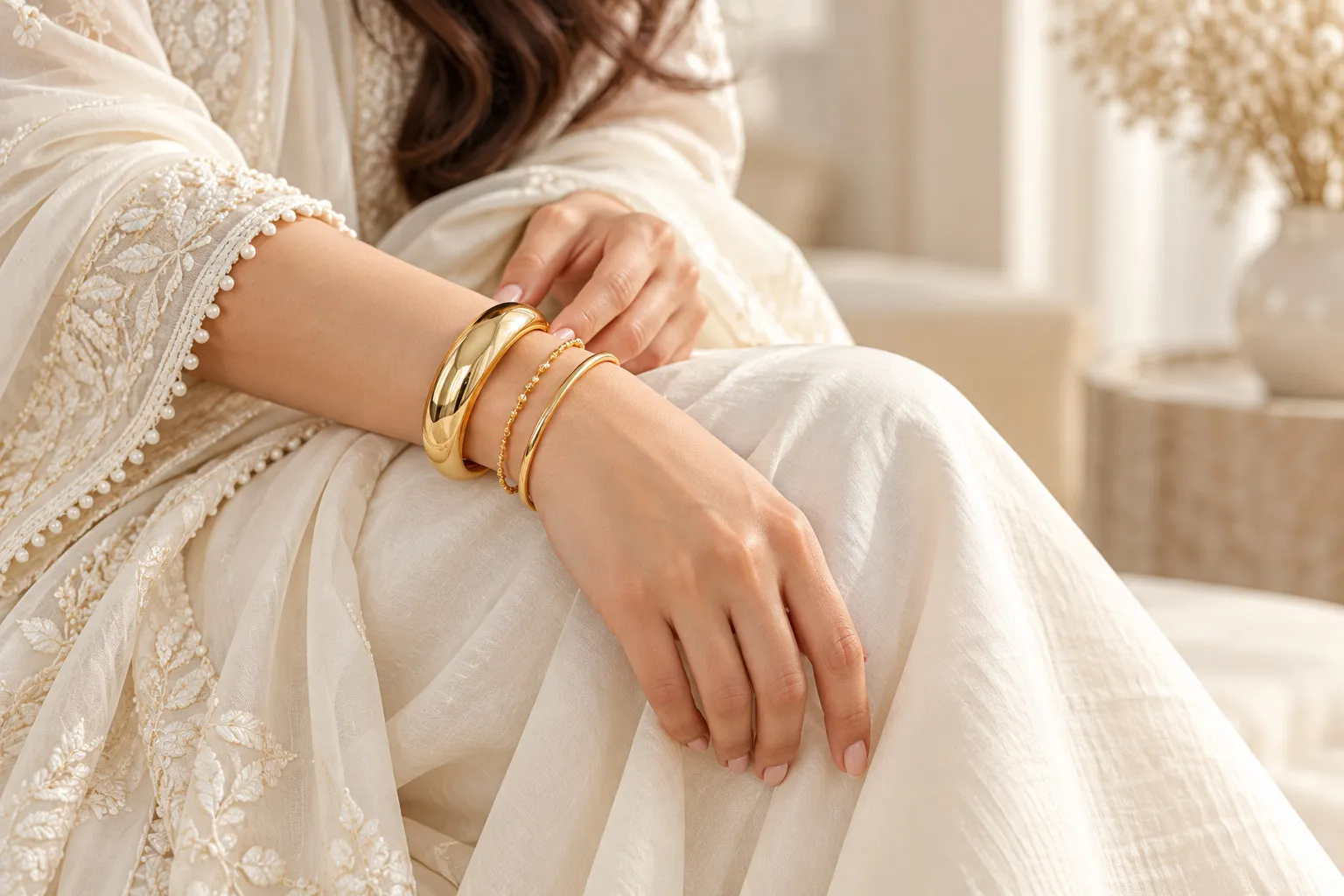 Gold bracelets styled on the wrist against ivory fabric