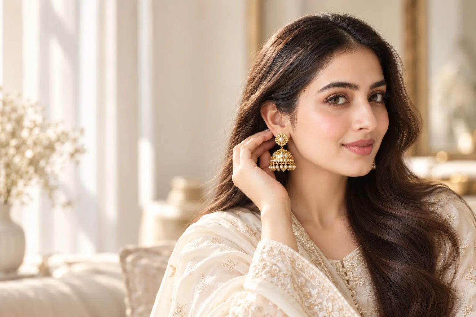 Pakistani woman in ivory wearing gold jhumka earrings in a bright neutral setting