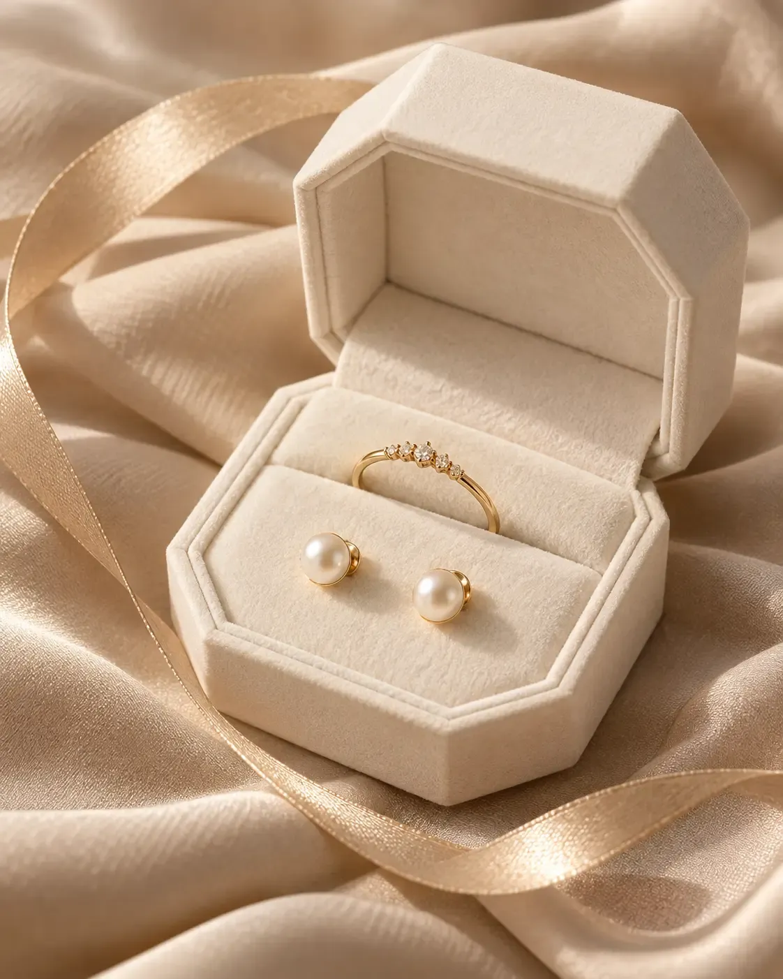 Ivory jewellery box holding a gold ring and pearl studs on champagne silk