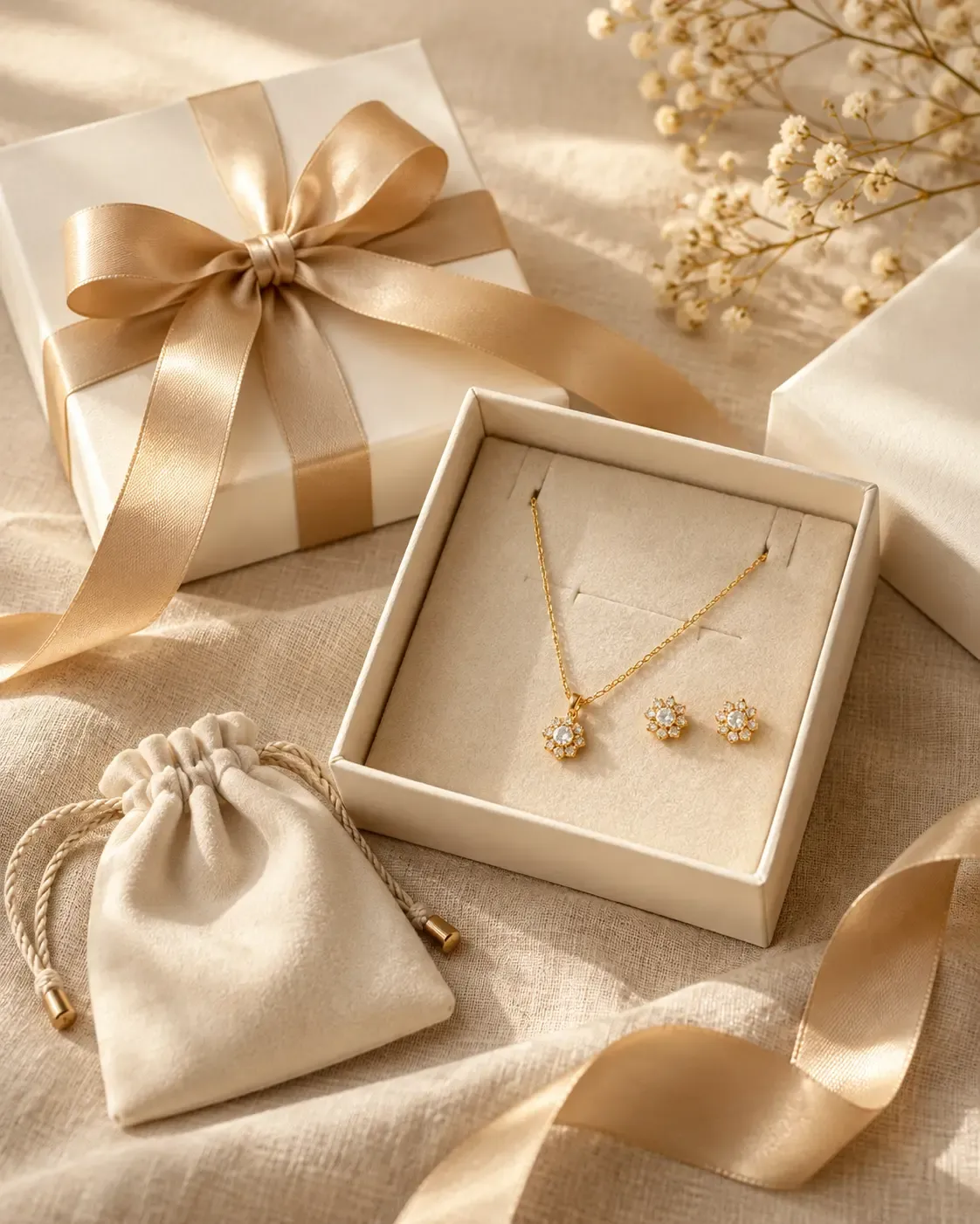 Cream-white jewellery gift box presenting a fine gold necklace and floral earrings on beige linen