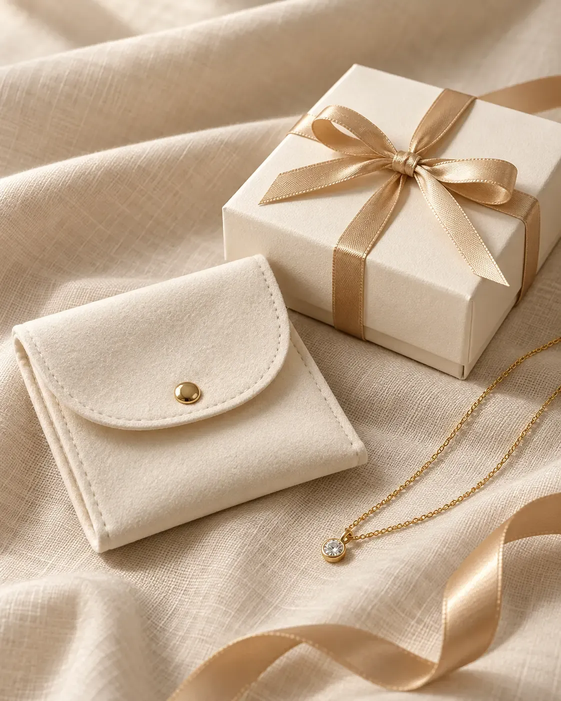 Ivory jewellery pouch beside a ribbon-tied gift box with a delicate gold pendant on beige linen