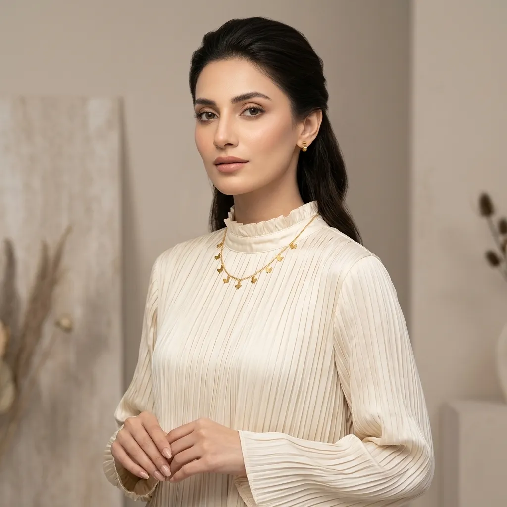 Necklaces — editorial portrait in ivory pleated silk
