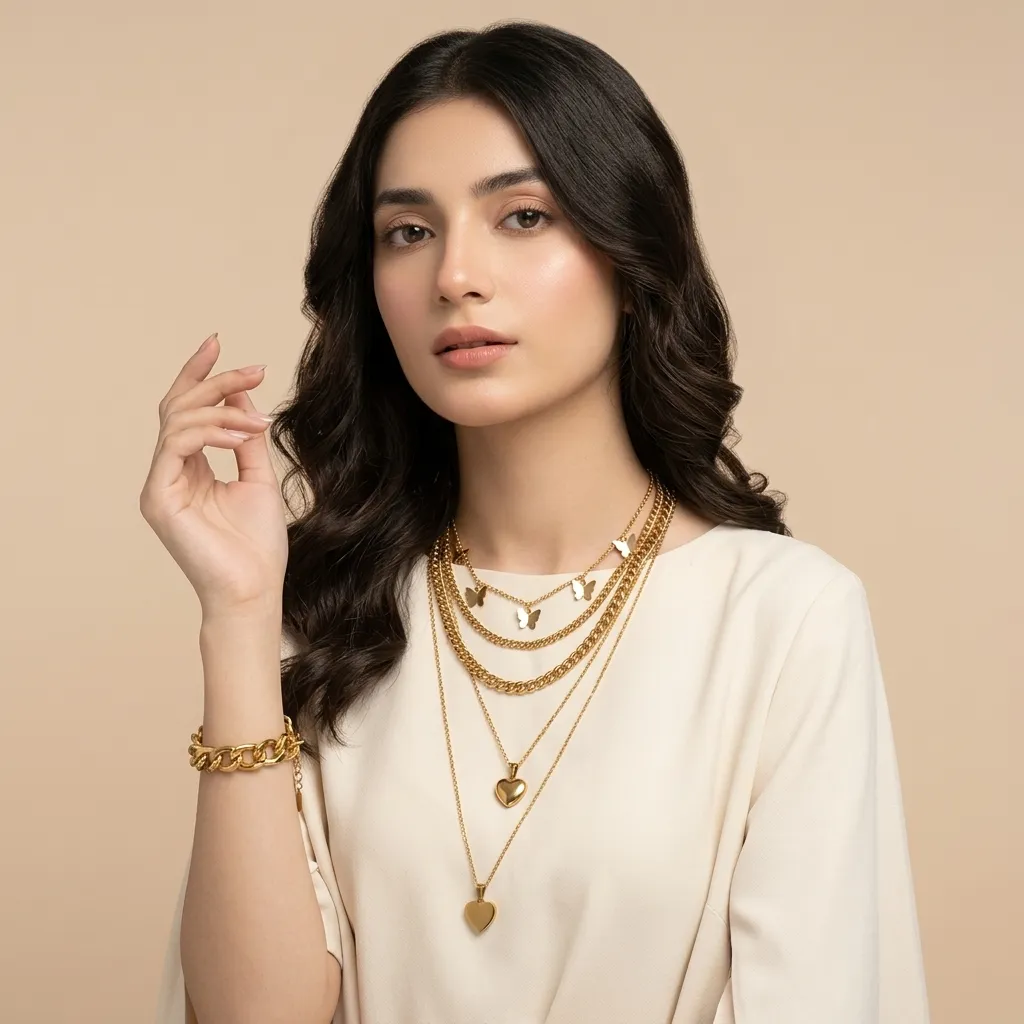 Young Pakistani woman wearing a layered charm necklace and gold bracelet, casual cream shirt.